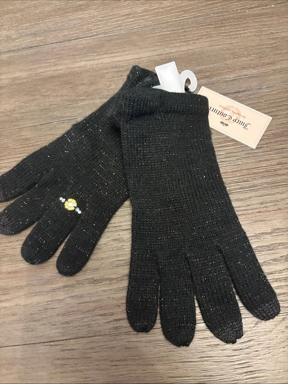 Juicy Couture Black Knit Gloves with Rhinestone Accent